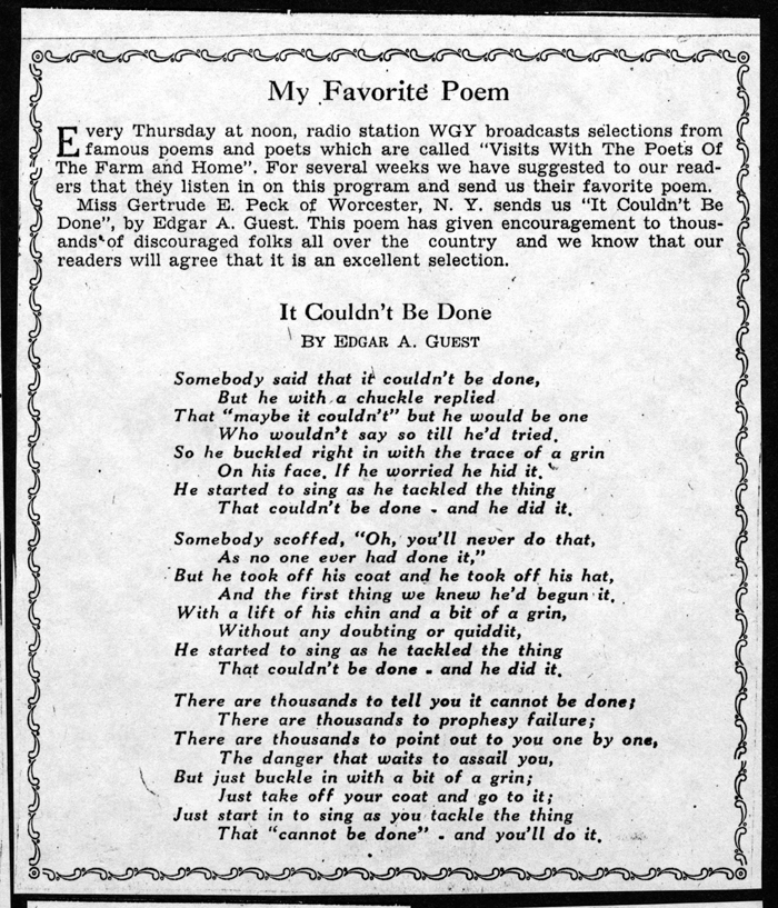 It Couldnt Be Done A Poem By Edgar A Guest Favorite Of Gertrude E Peck 1930